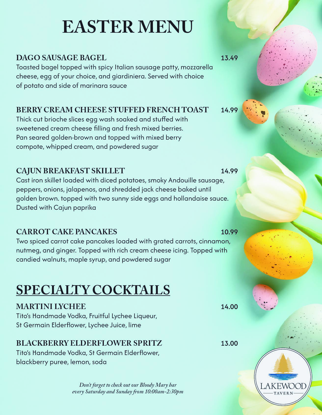 Easter brunch menu at Lakewood Tavern in Lake Elmo, MN — April 5, 2026