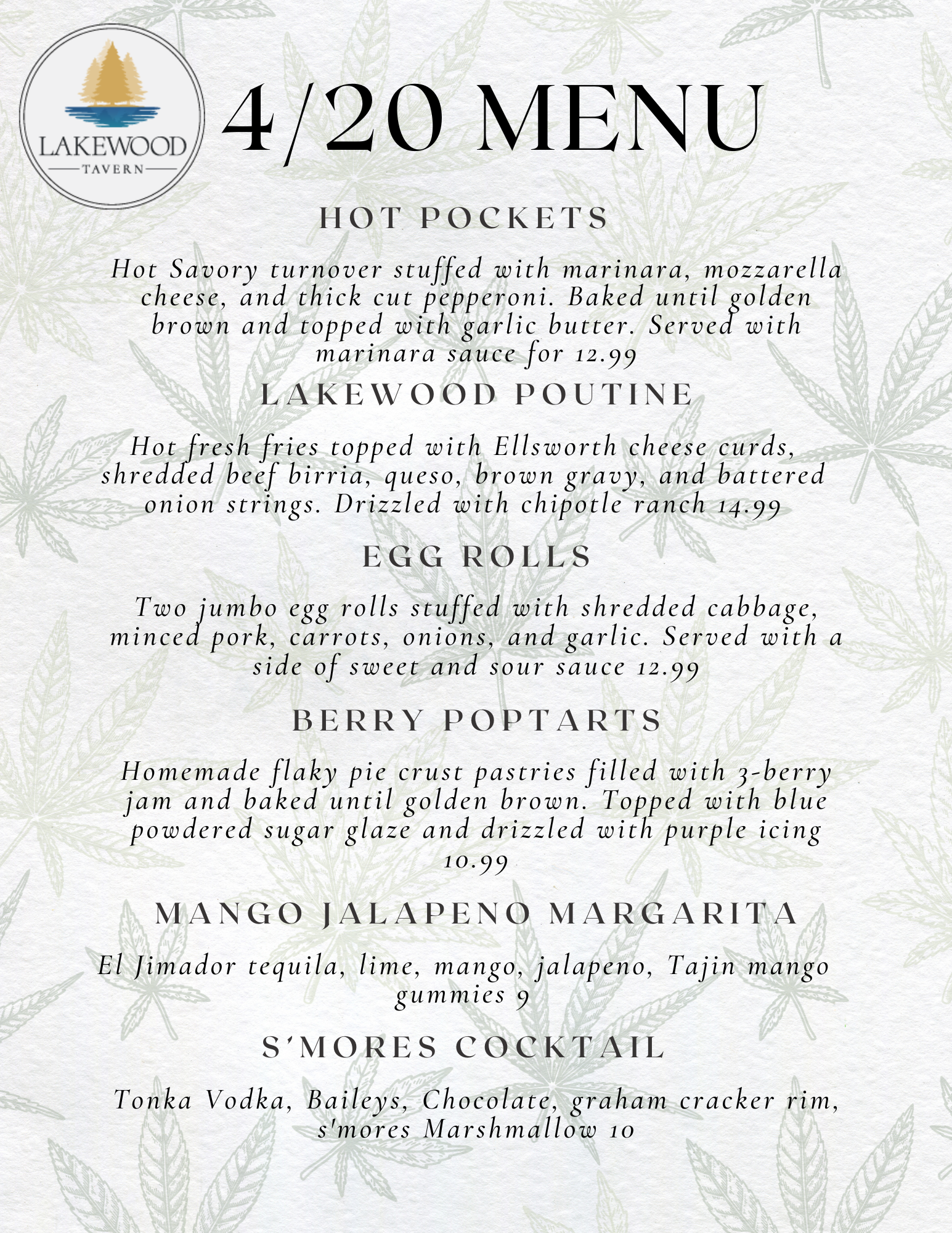 Menu displaying 420 friendly eats at Lakewood Tavern in Lake Elmo, MN