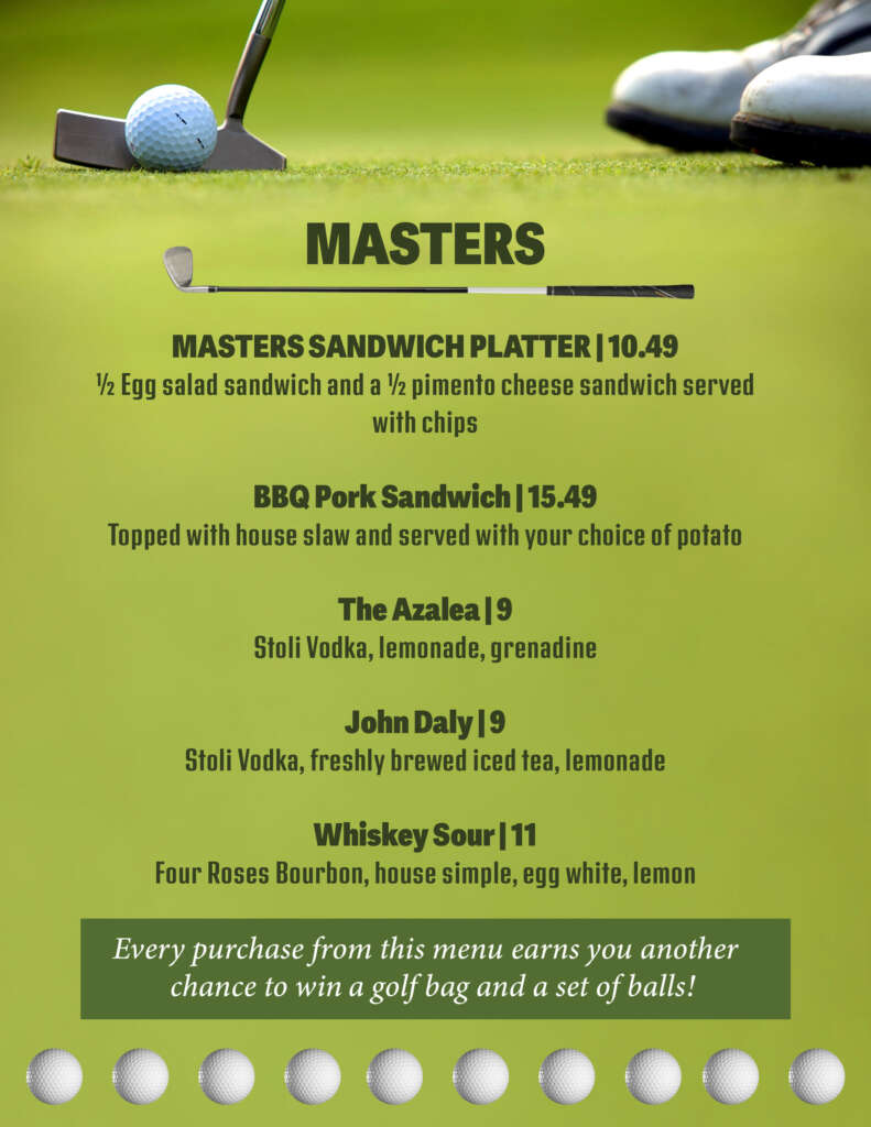 Masters Golf Tournament watch site party menu at Lakewood Tavern in Lake Elmo, MN
