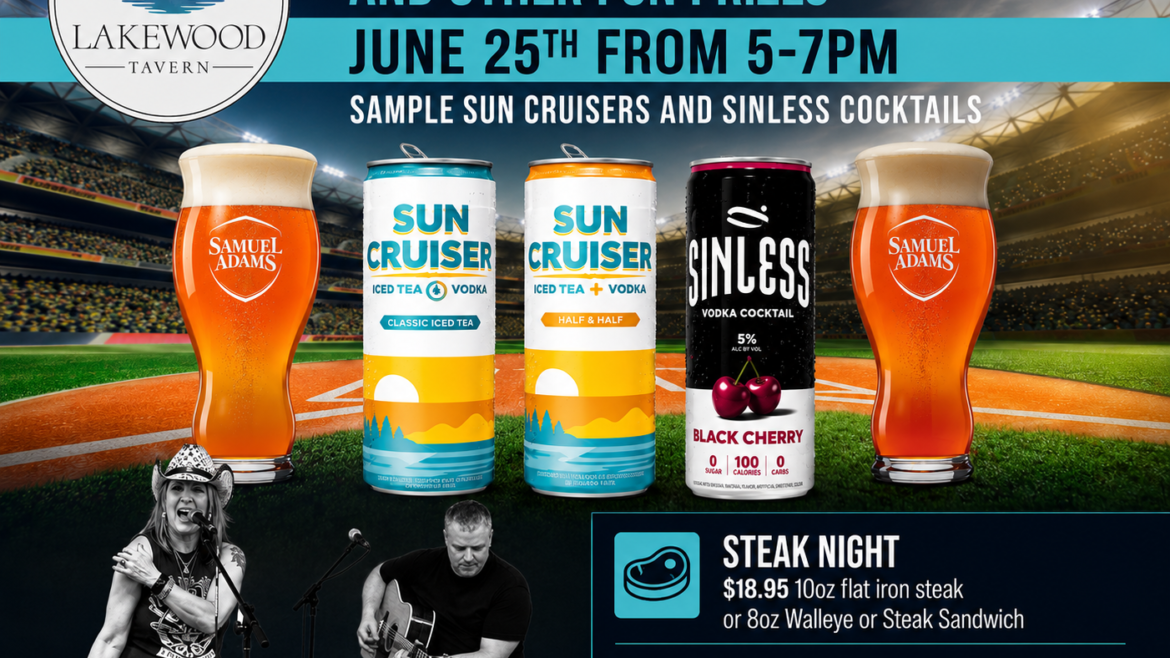 Sun Cruiser and SinLess vodka cocktail sampling event at Lakewood Tavern in Lake Elmo, MN — free samples, cooler giveaway, and live music with Billee Jo Hall on Thursday, June 25