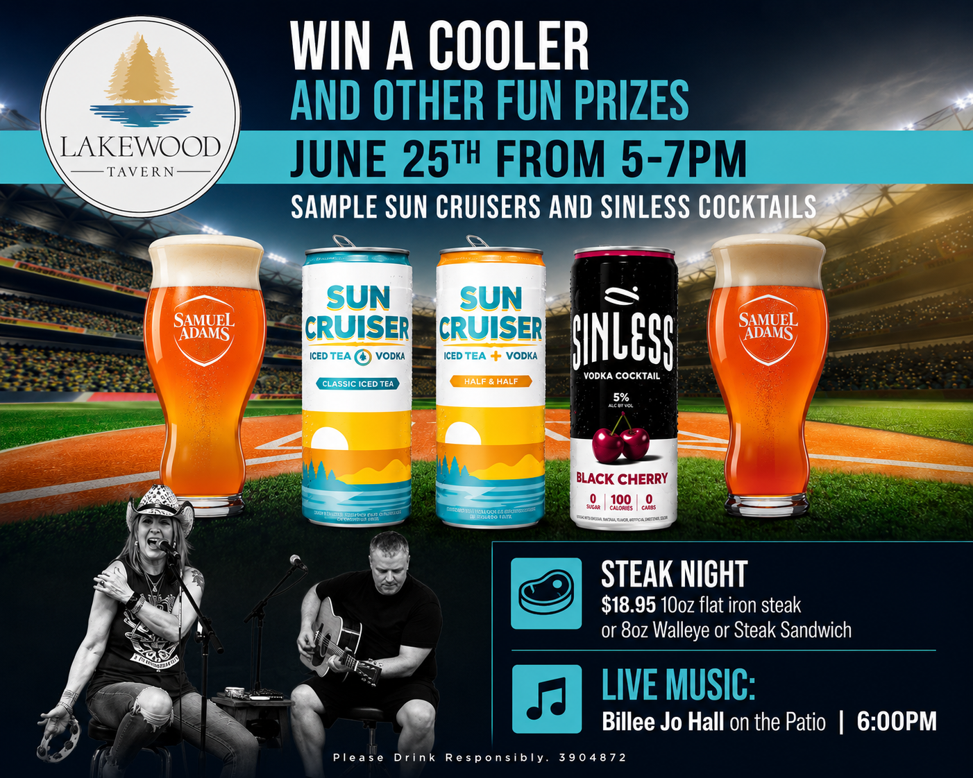 Sun Cruiser and SinLess vodka cocktail sampling event at Lakewood Tavern in Lake Elmo, MN — free samples, cooler giveaway, and live music with Billee Jo Hall on Thursday, June 25