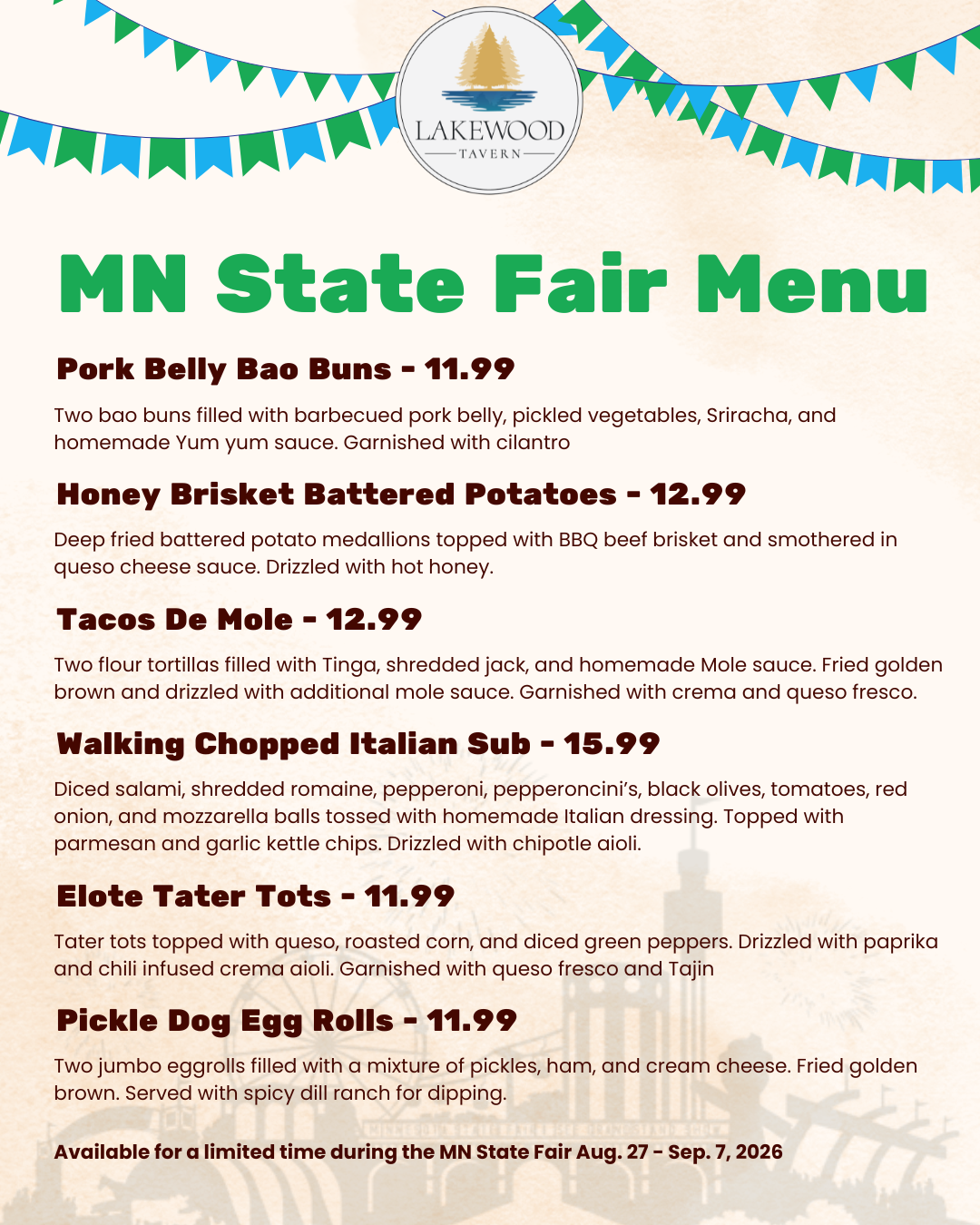 Limited time State Fair Menu at Lakewood Tavern in Lake Elmo, MN