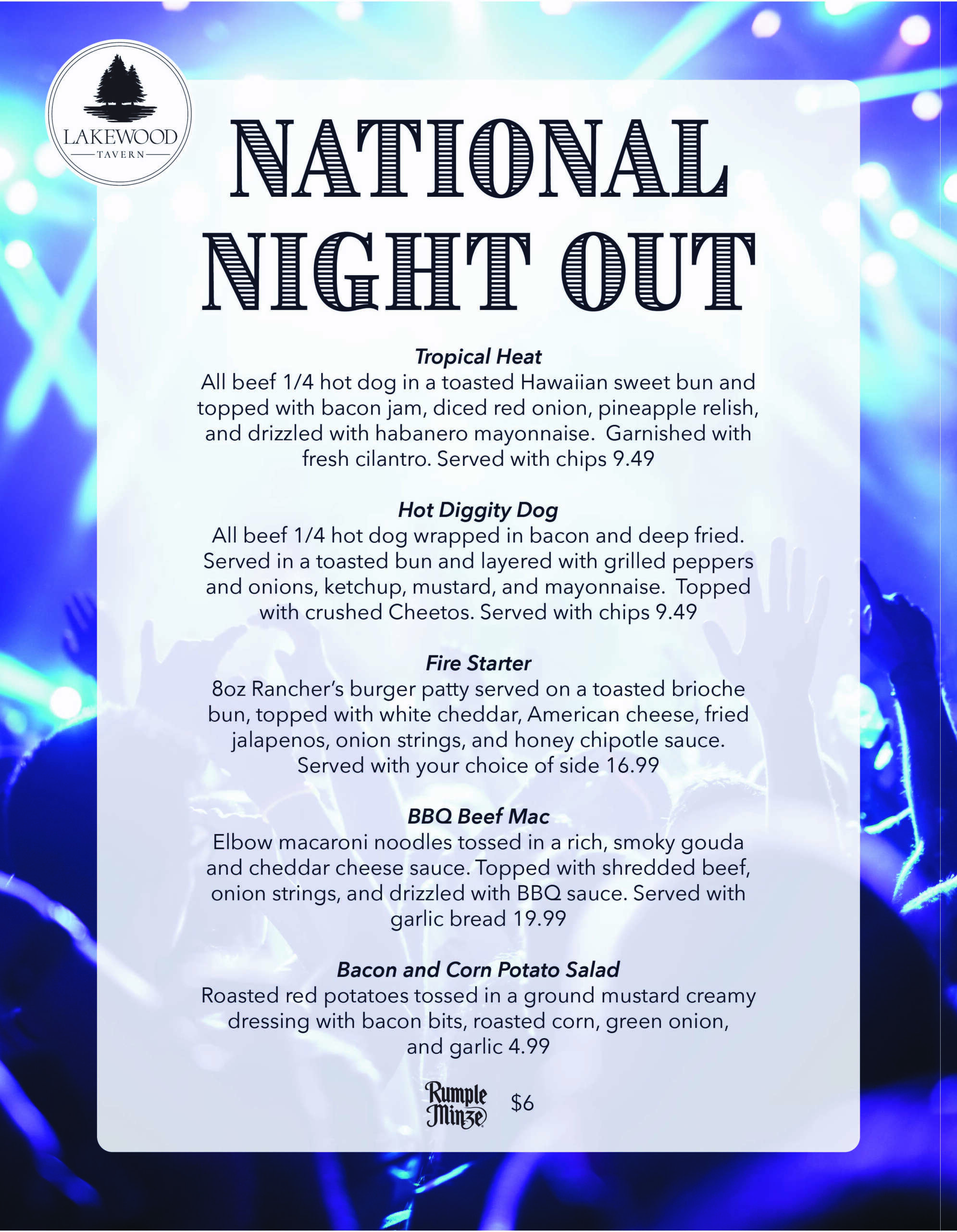 National night out menu at lakewood Tavern in Lake Elmo, MN on Aug 4, 2026