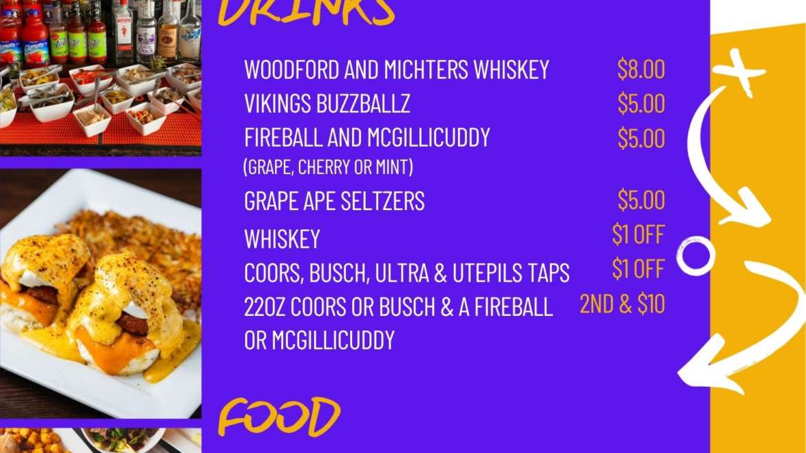 MN Football Menu drink and food specials board at Lakewood Tavern in Lake Elmo, MN