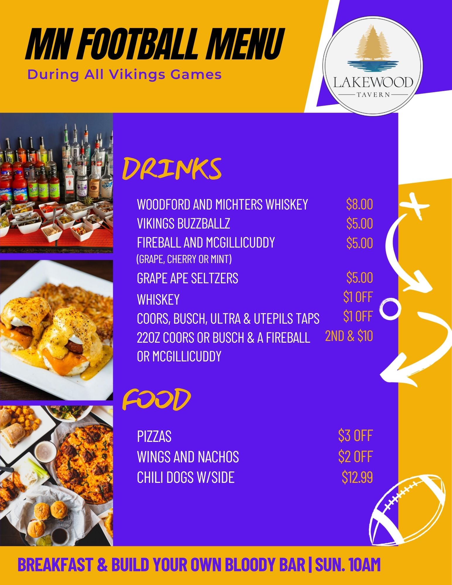 MN Football Menu drink and food specials board at Lakewood Tavern in Lake Elmo, MN